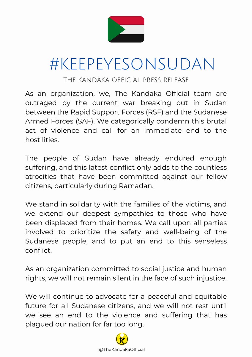 KandakaOfficial's tweet photo. We are saddened to see that our people are caught in the middle of a power struggle, especially during the holiest month in the Islamic calendar. It seems like a theme now that our people can not find peace during Ramadan. 

#KeepEyesOnSudan #Sudan https://t.co/9ishsIFwnj
