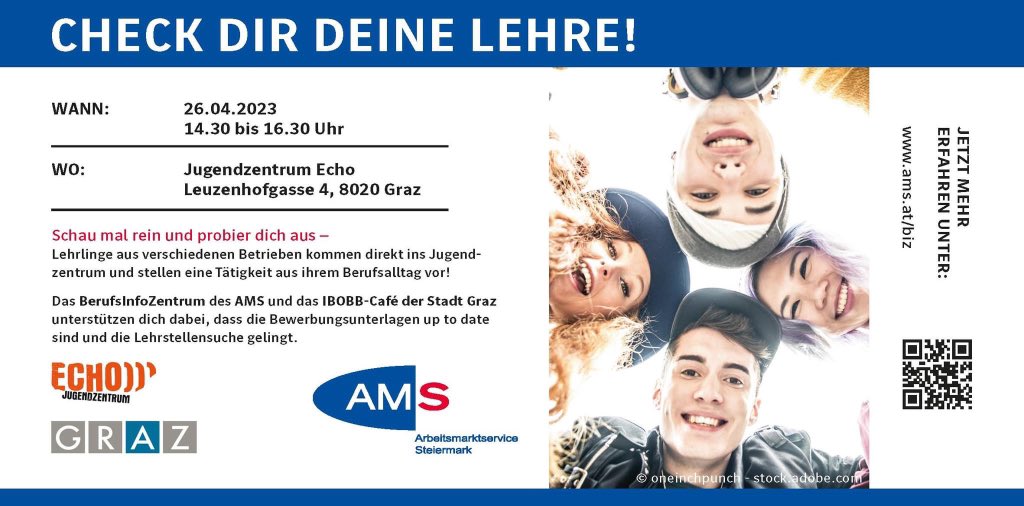 YvonnePopper's tweet photo. Am 26.04.2023 können sich interessierte Jugendliche im Echo Jugendzentrum in Graz mit Lehrlingen austauschen, um so einen Einblick in mögliche zukünftige Berufsfelder zu erhalten.
Weiter Infos gibt es hier:
https://t.co/ODkLs3wMQV
#amssteiermark #lehre
#ibobb https://t.co/gn8sHMLXH0