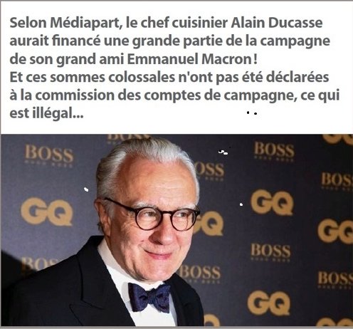 la_sudrie's tweet photo. @BFMTV @Nicole_delasudrie Le chef cuisinier Alain Ducasse
aurait financer une grande partie de la campagne de son grand ami @MACRON🤢et pourquoi les sommes colossales n'ont pas été déclarées à la commission des comptes de campagne ce qui est Illégal. https://t.co/7btC0tFOO8