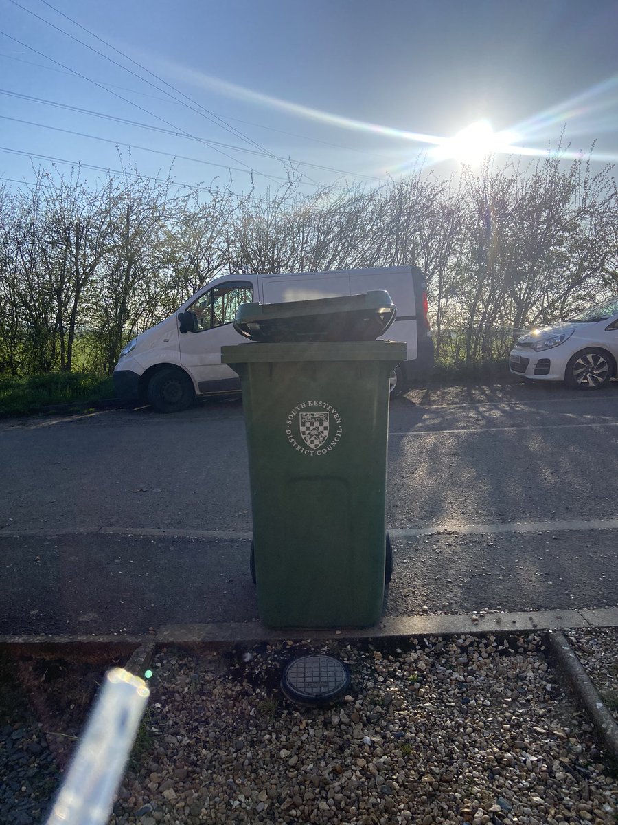 ourgreenbin's tweet photo. The great green bin debacle starts again. This time it’s because we didn’t have our new sticker on it for 23/24. Which although “typed” on the 23rd March - we didn’t receive until AFTER bin collection day. Good job SKDC. You are doing brilliantly. https://t.co/BAIVQFyxFh