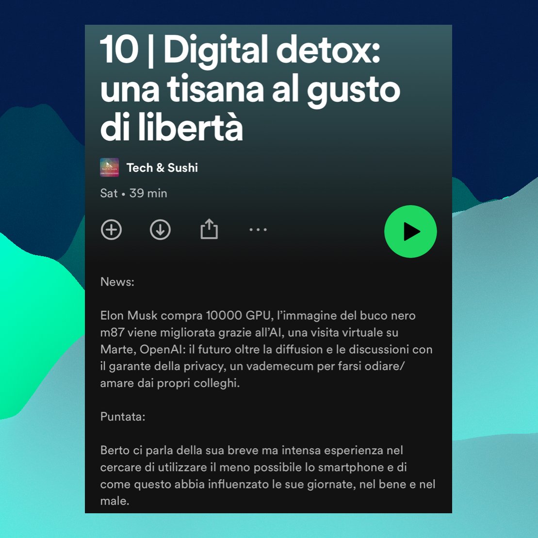 techandsushi's tweet photo. #techandsushi #podcast #Puntata 10

📢#News: #ElonMusk compra 10000 #GPU, #buconero &amp; #AI, una visita virtuale su #Marte, #OpenAI &amp; #garanteprivacy, come farsi odiare/amare dai propri #colleghi

👨🏻‍💻 Berto ci parla di #digitaldetox senza smartphone e dei suoi effetti positivi ! https://t.co/Gao9lURjJZ