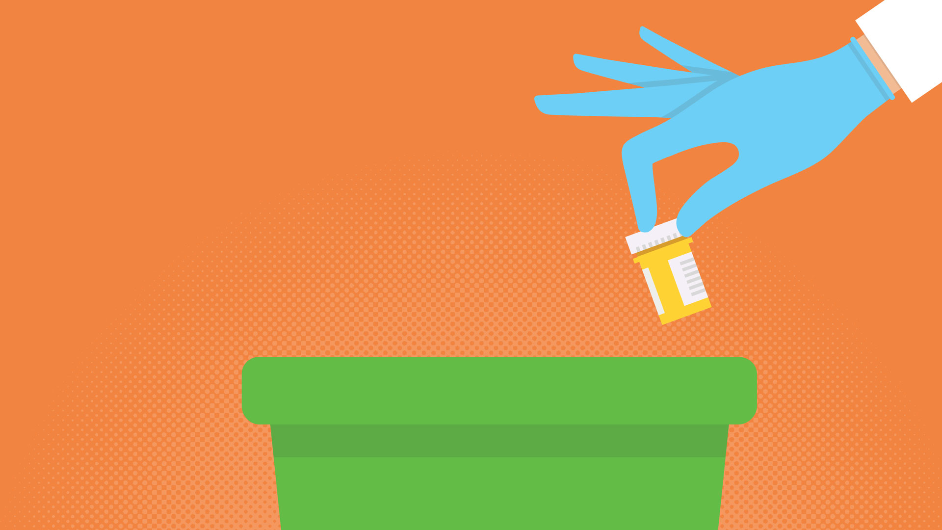 orange and green graphic with gloved hand disposing of prescription meds