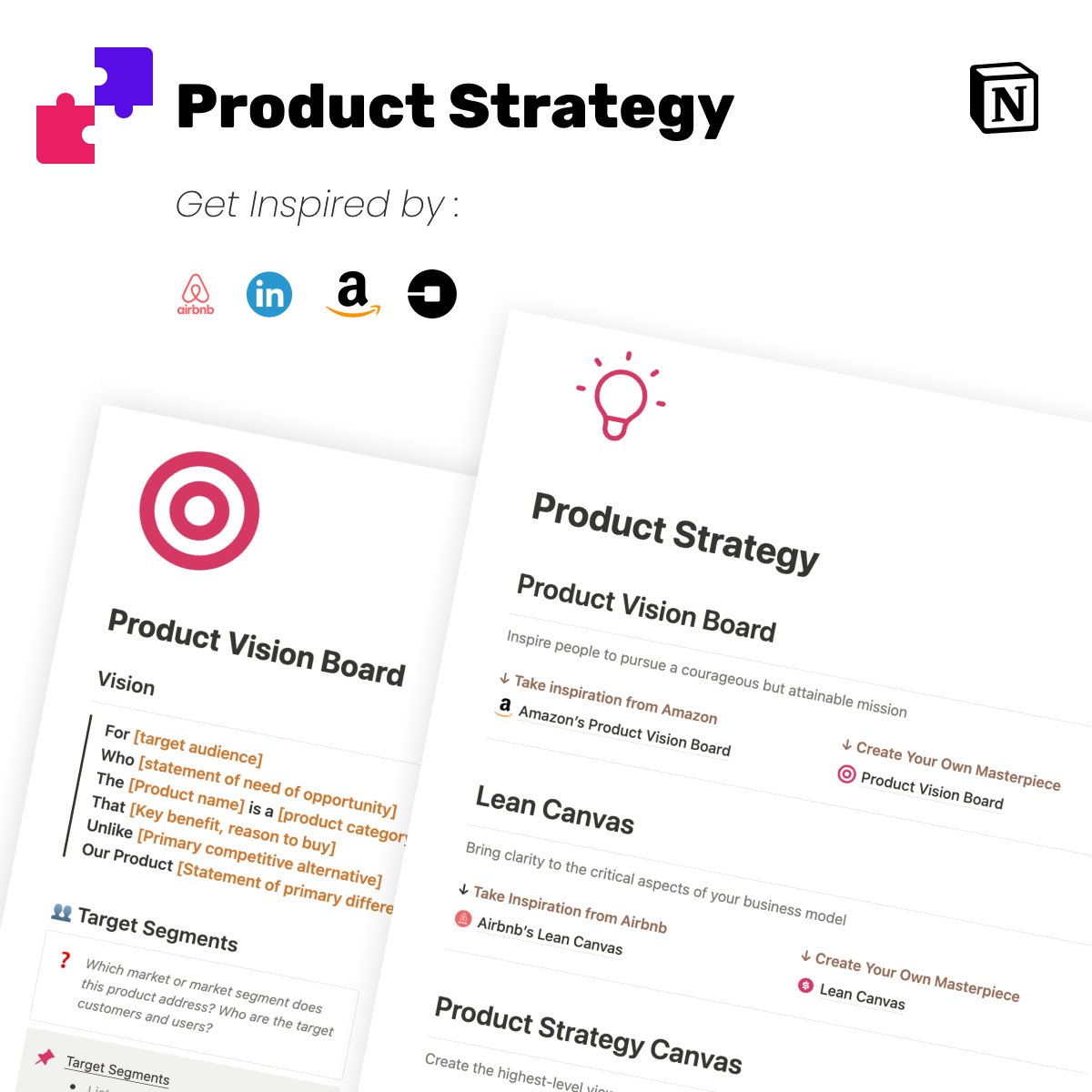 🎉 Launched 'Product Strategy’ Notion template!
It includes: 
➤Product Vision Board
➤Lean Canvas
➤Product Strategy Canvas
➤Product Roadmap

I'm offering it for FREE to #productmanagers & #productmakers 😍
Follow me and comment 'Strategy' to get access. 
#productstrategy