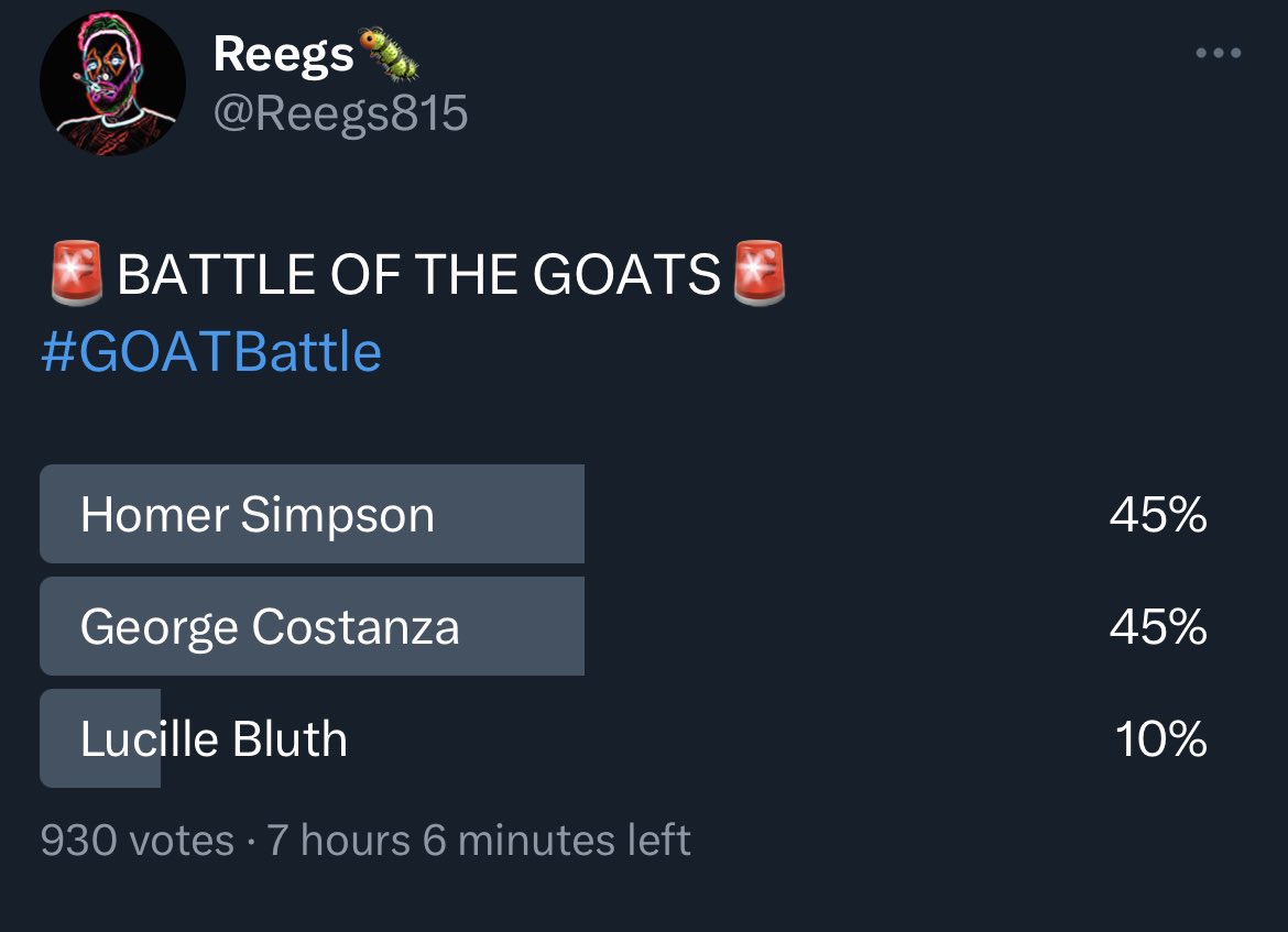 Reegs815's tweet photo. We’ve got a stalemate cooking
#SimpsonsGOAT
#SeinfeldGOAT
#ADGOAT https://t.co/MuakVBGXPO