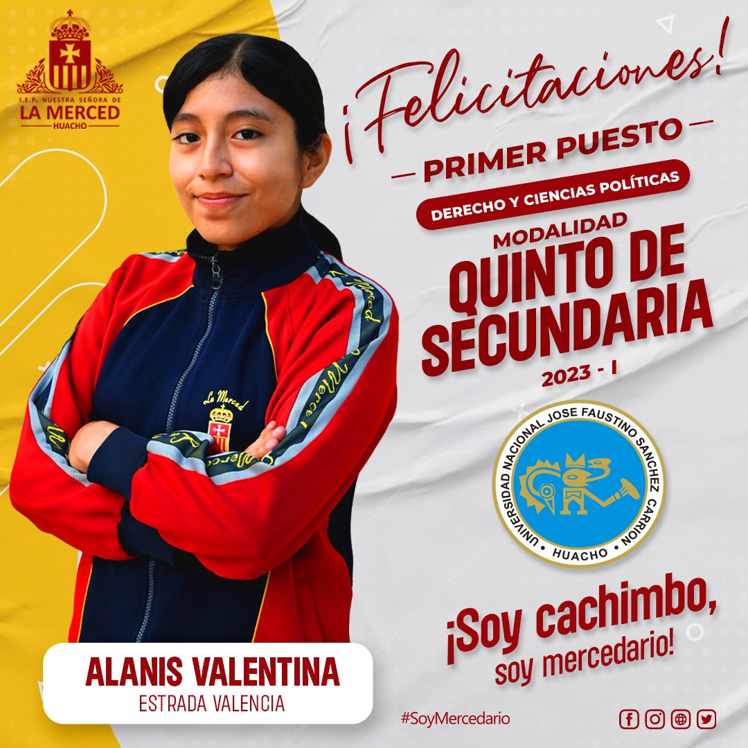 MercedHuacho's tweet photo. Hacemos extensiva las felicitaciones a nuestra estudiante Alanis Valentina Estrada Valencia, perteneciente al 5 "A" de secundaria, quien ingresó en primer puesto a la carrera de Derecho y Ciencias políticas, en la Universidad Nacional José Faustino Sánchez Carrión
#LaMercedHuacho https://t.co/p1MIJGBwKY