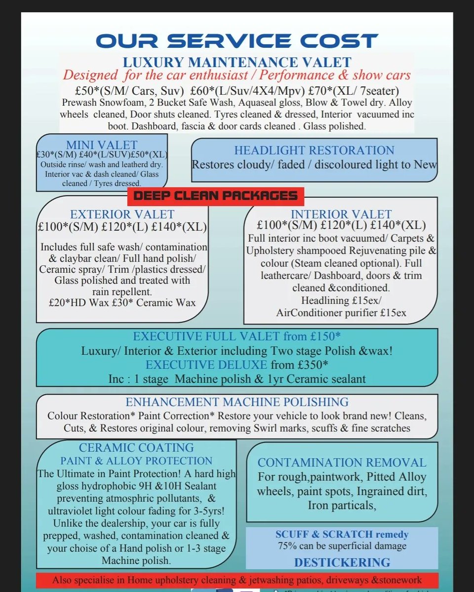 ctvalettech's tweet photo. The CTvalettech service cost.
From the Luxury Maintenance valet for the dedicated owner to the basic mini valet for the person who want a quick clean. 
Don't waste your time going the carwash, I come to you! 
#carvaletingliverpool #Liverpool #liverpooldetailing #merseyside https://t.co/nwdrOWTvcD