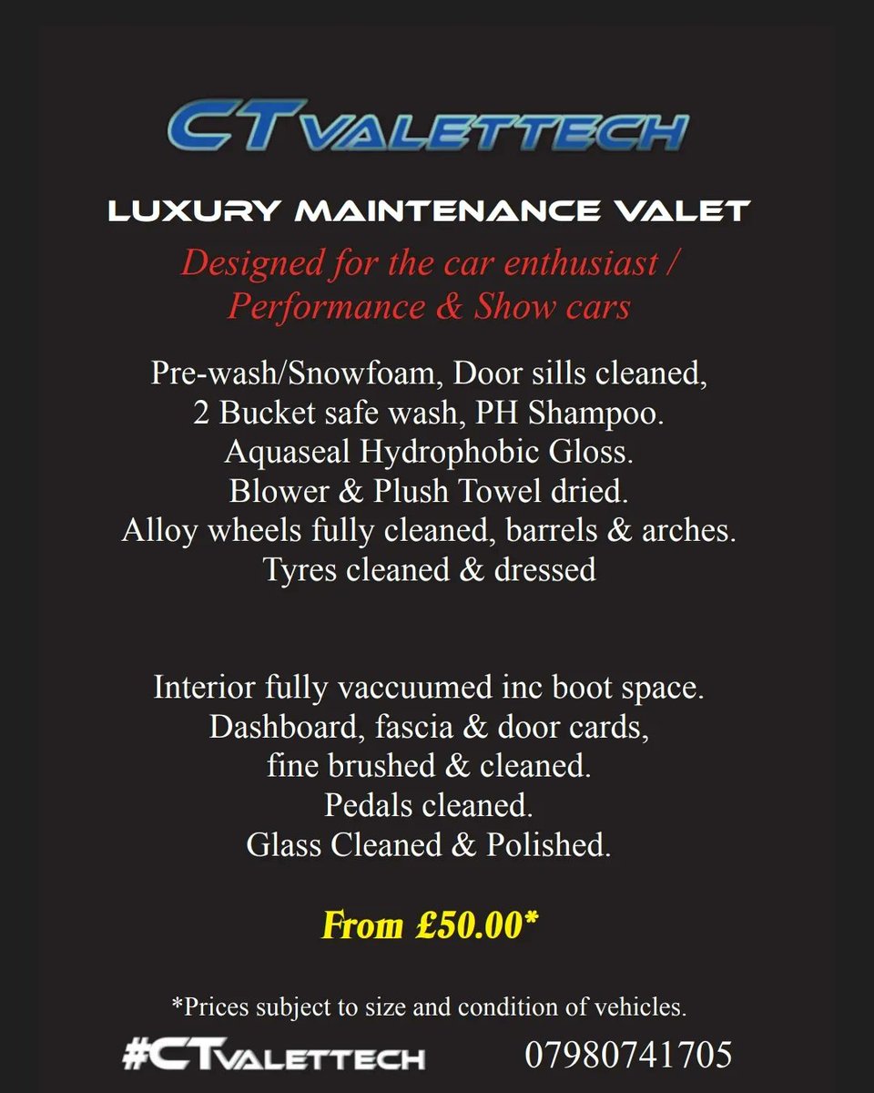 ctvalettech's tweet photo. The CTvalettech service cost.
From the Luxury Maintenance valet for the dedicated owner to the basic mini valet for the person who want a quick clean. 
Don't waste your time going the carwash, I come to you! 
#carvaletingliverpool #Liverpool #liverpooldetailing #merseyside https://t.co/nwdrOWTvcD