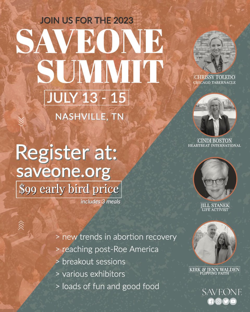 SaveOne1's tweet image. Come and join us July 13-15 in Nashville for the 2023 SaveOne Summit! Register at saveone.org 
@KirkWalden @CindiBoston @JillStanek  @Chrissy_Toledo 
#saveone #lovelife #saveonesummit23