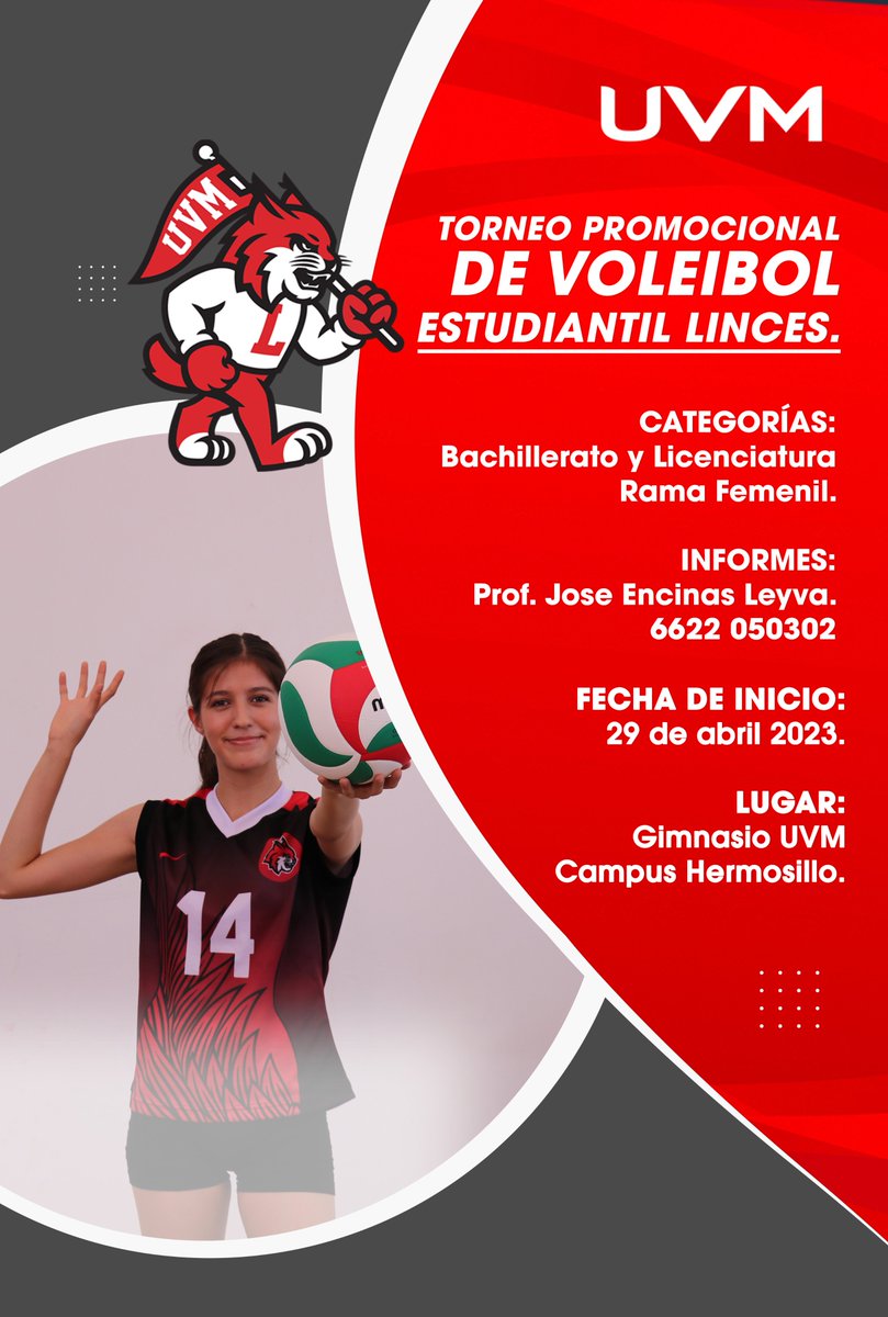 zchd's tweet photo. Te invitamos a participar en el Torneo Promocional de Voleibol Estudiantil Linces.
Informes a los siguientes correos:
 jose_encinasl@my.uvm.edu.mx 
david.zepeda@uvmnet.edu https://t.co/bWkVMtjhMh