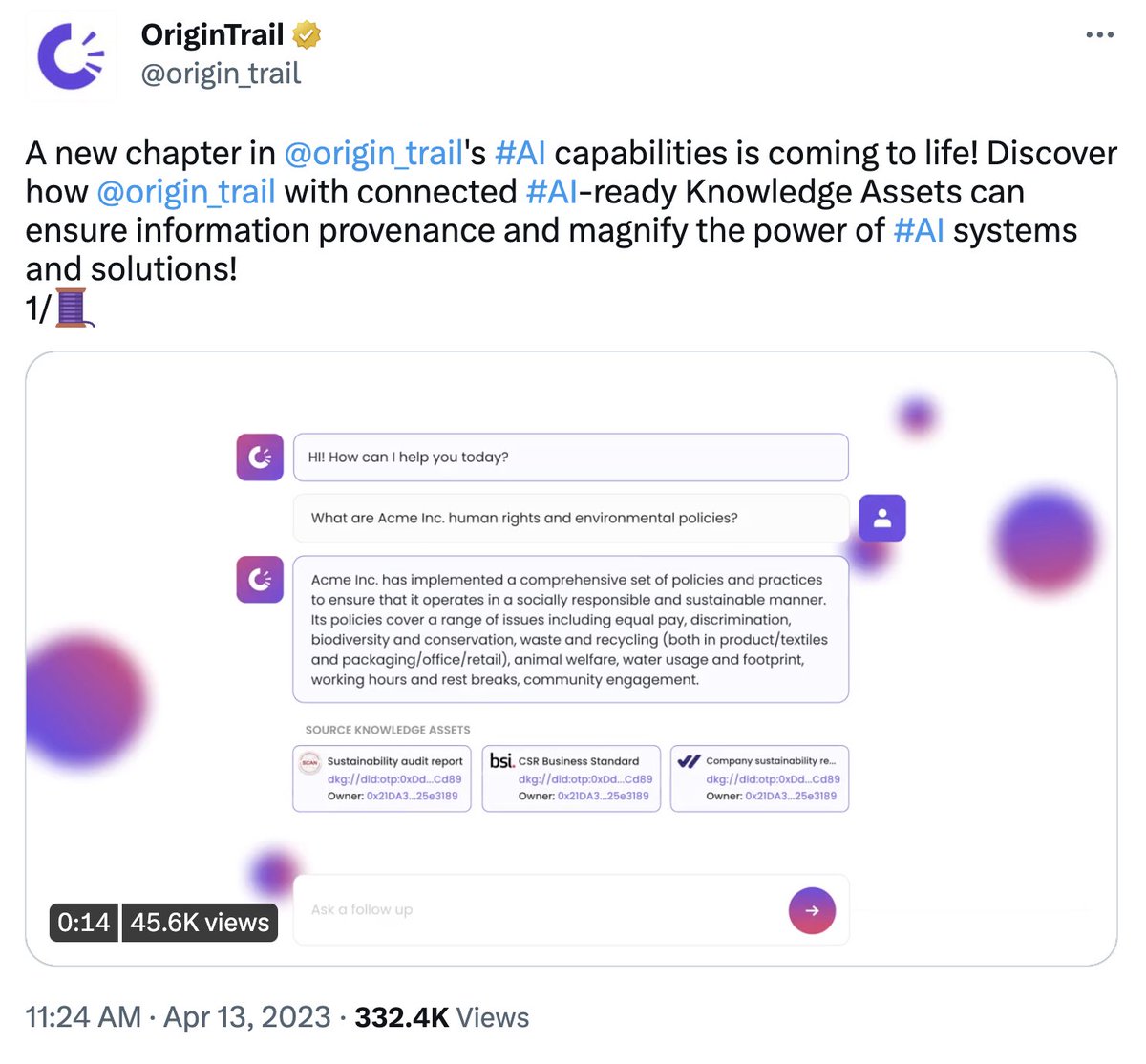 tracverse's tweet image. (3/16) @origin_trail has announced a preview of their own version of @openai&apos;s #chatGPT. The preview showcases the system&apos;s ability to use #KnowledgeAssets to verify the sources of presented information. The technology seems to be built on the robust #DKG&apos;s #V6 innovations.