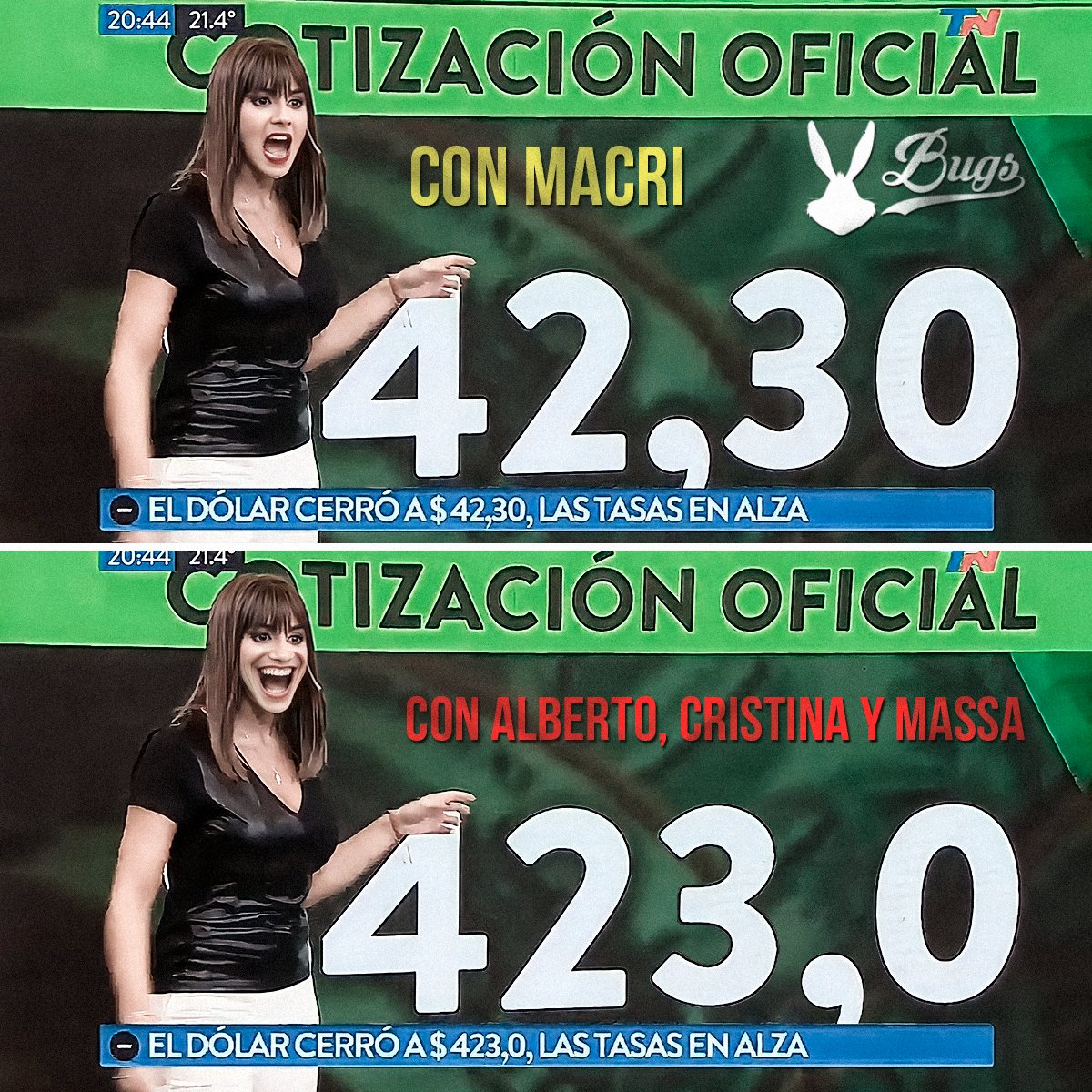 LaBugsBunnyIA's tweet photo. ¡SERGIO MASSA CORRIÓ LA COMA!
El #DolarBlue ya superó la cumbia 420  y se acerca a este meme "pagano" https://t.co/BIFTrcTzYg
