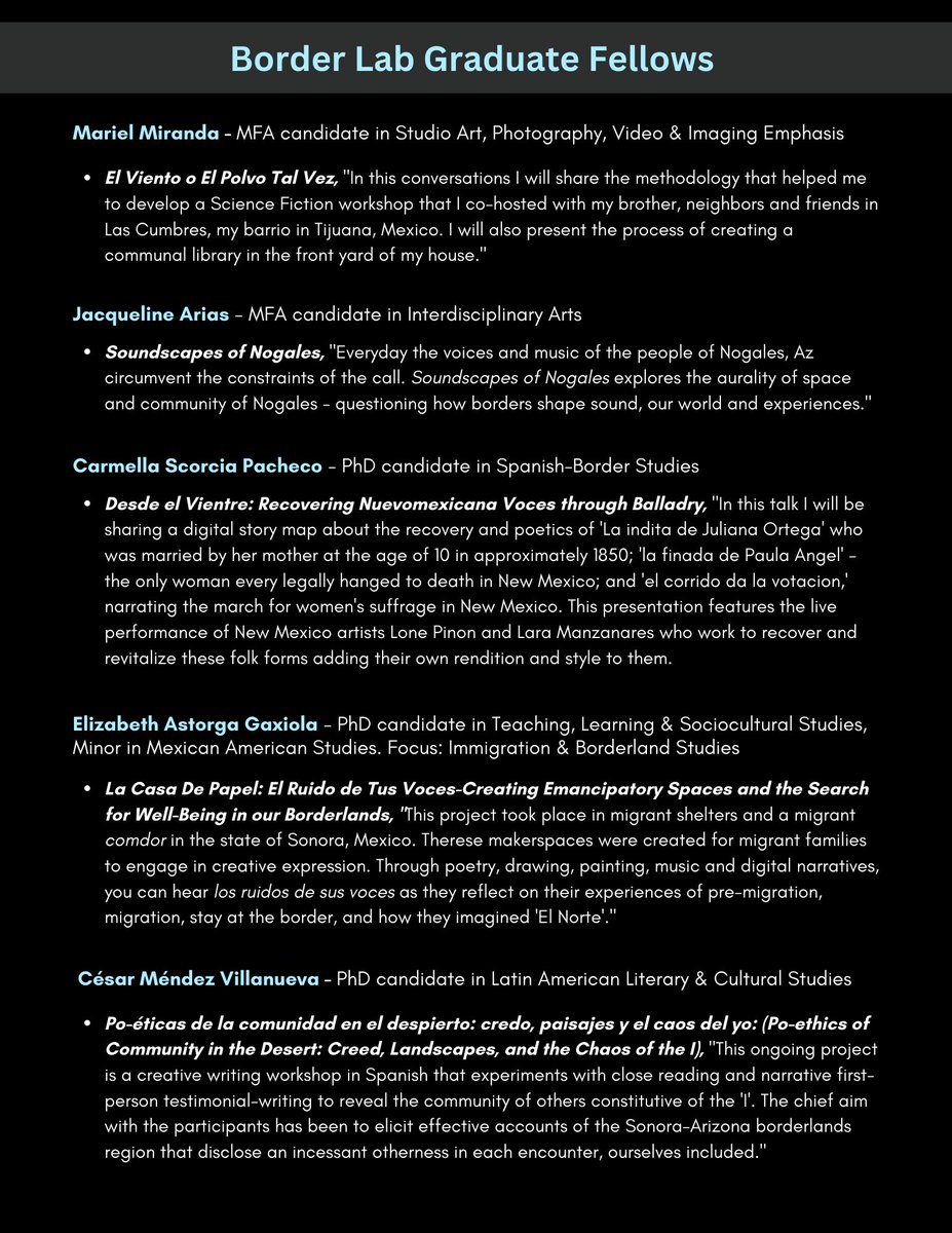 confluencenter's tweet photo. On April 27 join us at the Pidgin Palace Art Gallery (1110 S. 6th Ave) as our awarded #borderlab fellows will speak about their projects which aim to address the challenges in our society that straddle our geopolitical borders and elevate border studies. https://t.co/Omrqb337Fi