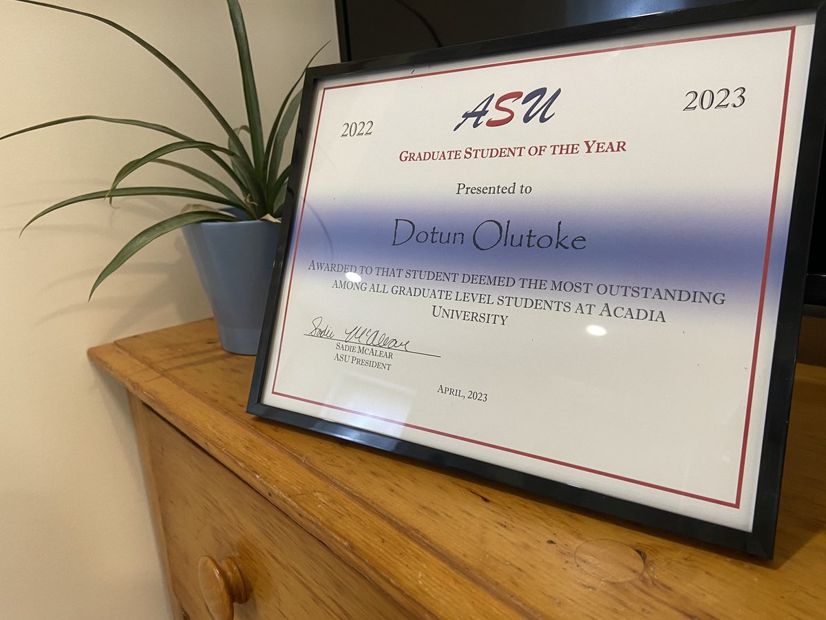 dotunolutoke's tweet photo. Really excited to have been awarded the Outstanding Graduate Student of the Year in Acadia University @AcadiaU for the 2022/2023 session.

I’m grateful for the opportunities to represent the university and contribute to the overall advancement of the Acadia community. https://t.co/gytFcHqC56