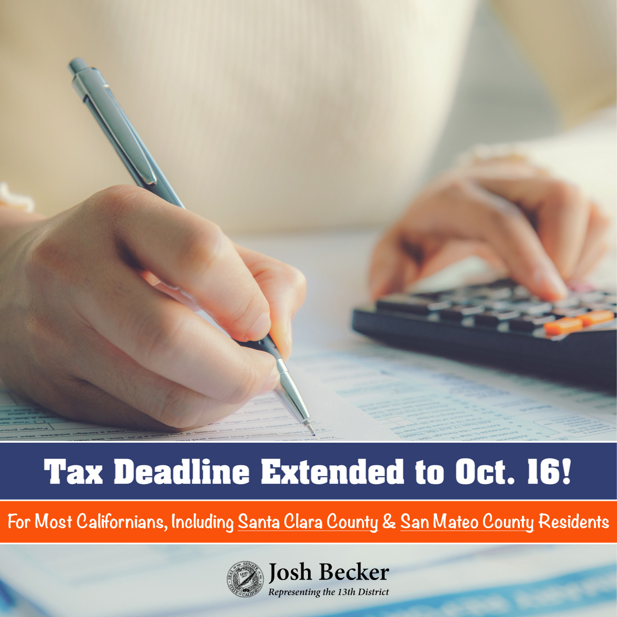 SenJoshBecker's tweet photo. Good news! The state and federal tax filing deadline has been moved to October 16, 2023, for most Californians - including those living in San Mateo County (@sanmateoco) and Santa Clara County (@sccgov) due to the winter storms disaster earlier this year. https://t.co/KkvW0o88ec https://t.co/YTKG4ffVBM