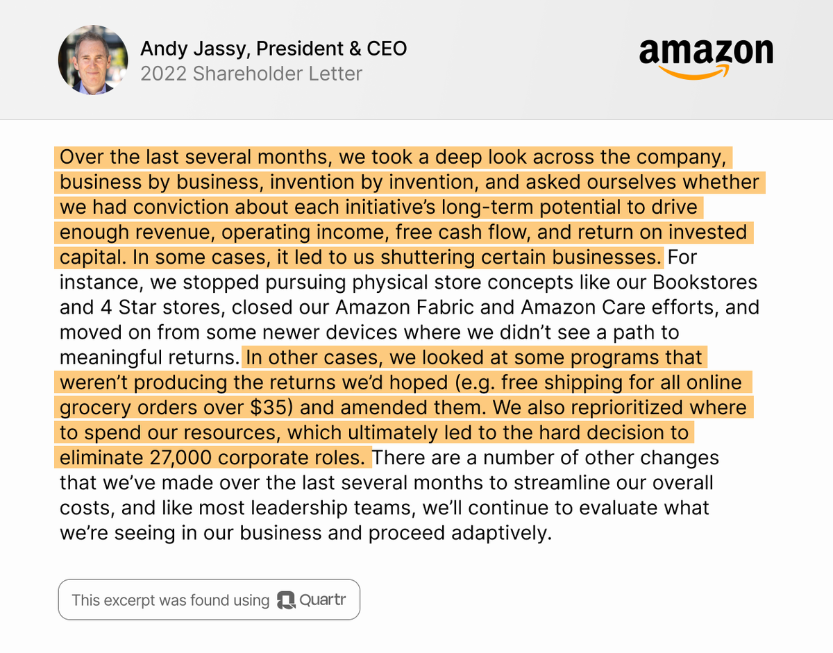Andy Jassy recently published his 2022 Shareholder Letter. It covered topics like Amazon's investment framework, its critical fulfillment network challenges, and generative AI.

Let's go through a few handpicked excerpts 🧵

1. $AMZN is turning over every rock to cut costs: