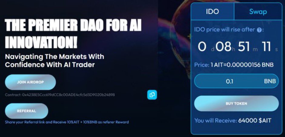 RT_charts's tweet photo. 🚀The price of $AIT is about to rise, now buy AIT at the lowest price during IDO.

🗣The official website is the only channel to buy IDO, the official team will never DM you, only believe the official news.

👉https://t.co/39xmSLPUFN  

#AIT #IDO #launch #Launchpad https://t.co/4vbo9LBjqS