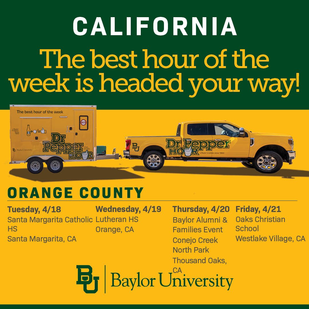 😎 CALIFORNIA 🌊

For the first time ever, we’re slinging Dr Pepper floats and our green &amp; gold in the Golden State!

We’ll be in OC all week and close out the spring #DrPepperHourTour next week in San Jose!

#SicEm #FutureBears #BestHourOfTheWeek