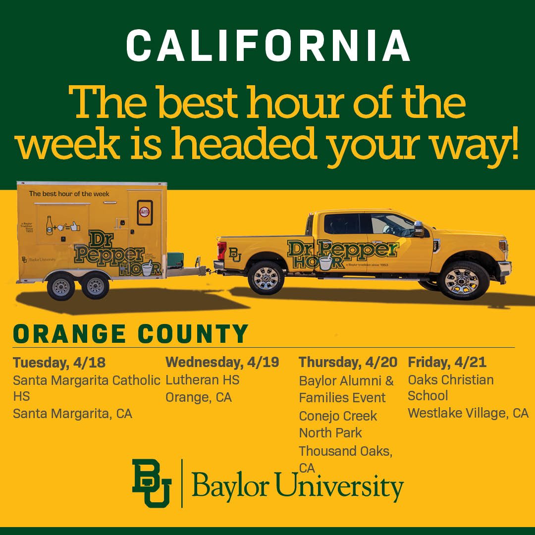 😎 CALIFORNIA 🌊 For the first time ever, we’re slinging Dr Pepper floats and our green & gold in the Golden State! We’ll be in OC all week and close out the spring #DrPepperHourTour next week in San Jose! #SicEm #FutureBears #BestHourOfTheWeek