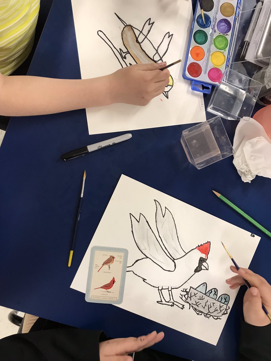 SusanGalbraith4's tweet photo. The bird theme continued with the gr5s today @SMA_School as the painted their bird portraits. Tomorrow we begin working on the habitat for our feathered friends. @ASD_West #CreateConnectCommunicate https://t.co/Fh2FmgdE2c