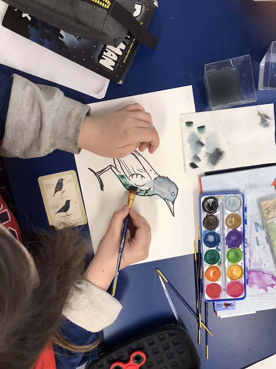 SusanGalbraith4's tweet photo. The bird theme continued with the gr5s today @SMA_School as the painted their bird portraits. Tomorrow we begin working on the habitat for our feathered friends. @ASD_West #CreateConnectCommunicate https://t.co/Fh2FmgdE2c