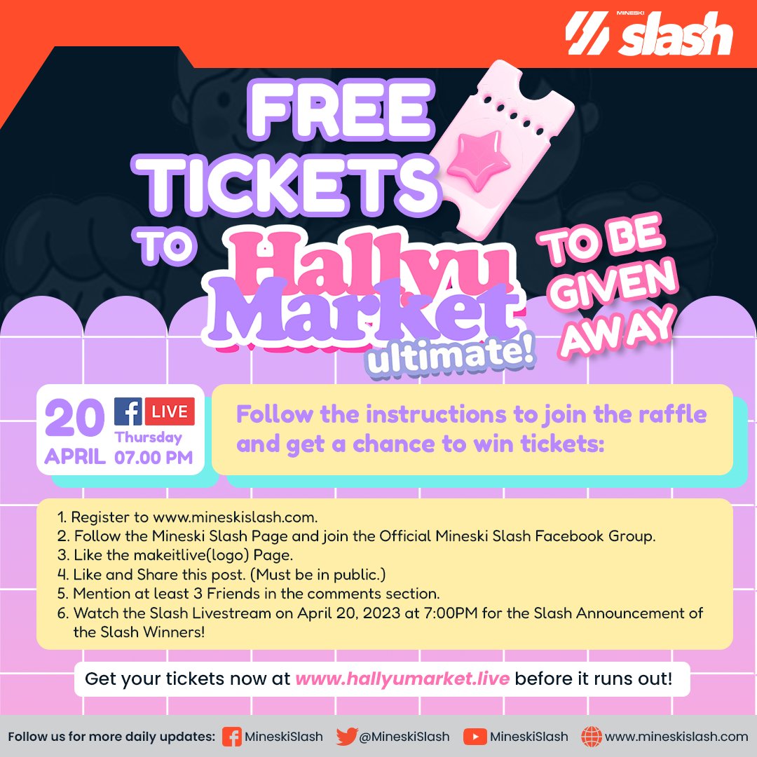 MineskiSlash's tweet photo. /GIVEAWAY ALERT! 

Watch our fb livestream tomorrow at 7:00PM to get a chance to win Tickets to the Biggest K-Merch Bazaar Event - Hallyu Market Ultimate organized by @makeitliveasia!

#MineskiSlash #HallyuMarket2023 #HallyuMarket #HallyuAllday #KMerch #KPop #Hallyu #Makeitlive https://t.co/WwF73cV371