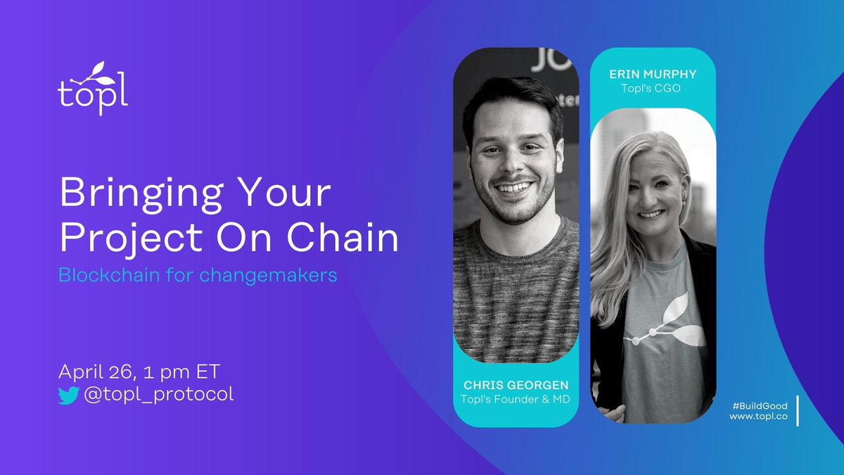 topl_protocol's tweet photo. 📅 Save the date! On April 26, Topl's @MurphyErinM and @c_georgen will be discussing how #changemakers, impact entrepreneurs, and business leaders can successfully integrate #blockchain to drive their #impact efforts and business efficiency.

https://t.co/bX67fItYBv https://t.co/7xjbZb0fj8