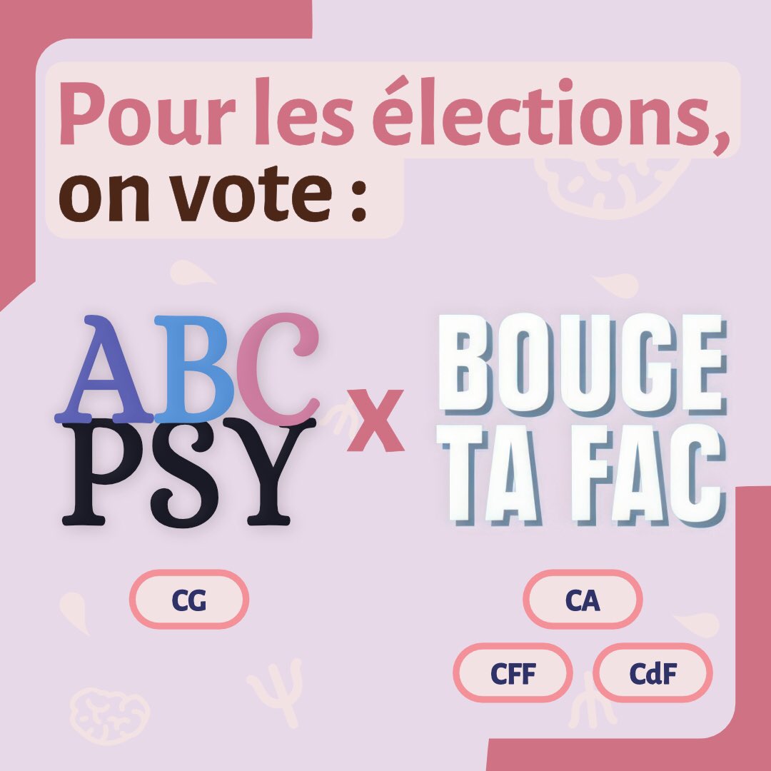 Abcpsy2's tweet photo. Pour les élections on vote pour ABCPsy en conseil de gestion et Bouge Ta Fac pour le reste ✨

For the elections we vote ABCPsy for the campus council and Bouge Ta Fac for the rest ✨ https://t.co/2V9Unam2XZ