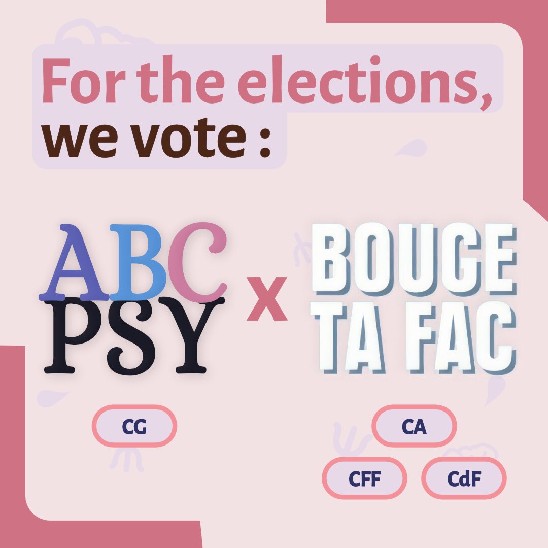 Abcpsy2's tweet photo. Pour les élections on vote pour ABCPsy en conseil de gestion et Bouge Ta Fac pour le reste ✨

For the elections we vote ABCPsy for the campus council and Bouge Ta Fac for the rest ✨ https://t.co/2V9Unam2XZ