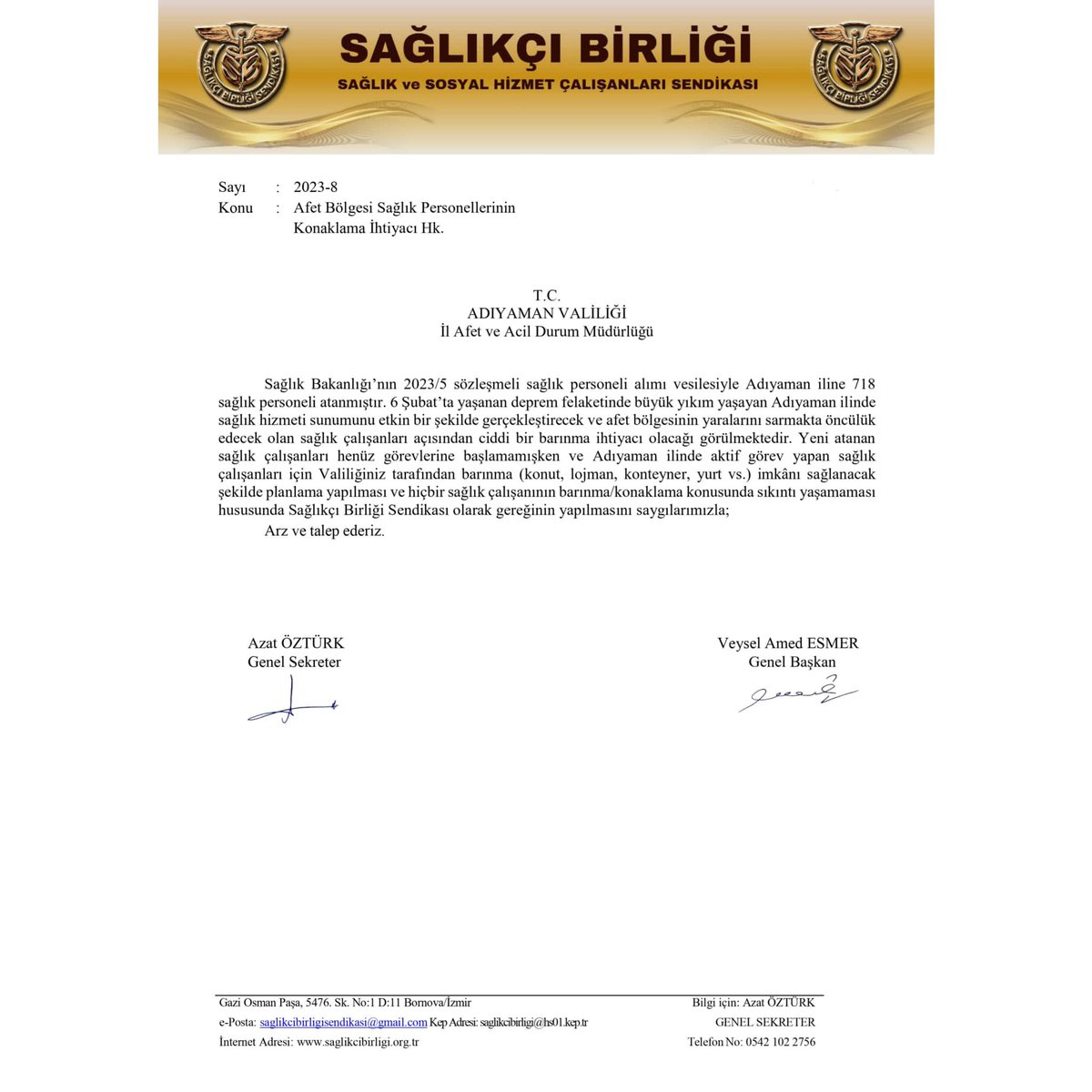 ahmetesmer2121's tweet photo. Afet bölgesinde büyük yıkımın yaşandığı; Hatay, Adıyaman, Kahramanmaraş, Malatya illerine atanan sağlıkçılarımız için Valiliklere konaklama/barınma (konut, lojman, konteyner, yurt vs.) ihtiyacının sağlanması için Sağlıkçı Birliği Sendikası olarak talepte bulunduk. Dün sağlıkçılarımızın yanında olduğumuz gibi bugün de zor zamanlarında yanında olacağız... Birlik'te başaracağız!