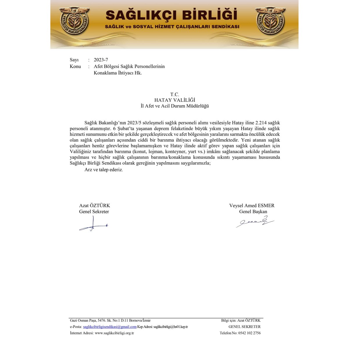 ahmetesmer2121's tweet photo. Afet bölgesinde büyük yıkımın yaşandığı; Hatay, Adıyaman, Kahramanmaraş, Malatya illerine atanan sağlıkçılarımız için Valiliklere konaklama/barınma (konut, lojman, konteyner, yurt vs.) ihtiyacının sağlanması için Sağlıkçı Birliği Sendikası olarak talepte bulunduk. Dün sağlıkçılarımızın yanında olduğumuz gibi bugün de zor zamanlarında yanında olacağız... Birlik'te başaracağız!