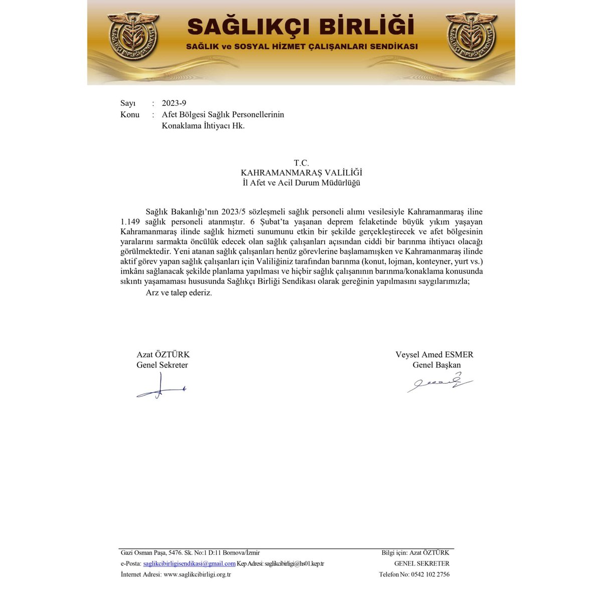 ahmetesmer2121's tweet photo. Afet bölgesinde büyük yıkımın yaşandığı; Hatay, Adıyaman, Kahramanmaraş, Malatya illerine atanan sağlıkçılarımız için Valiliklere konaklama/barınma (konut, lojman, konteyner, yurt vs.) ihtiyacının sağlanması için Sağlıkçı Birliği Sendikası olarak talepte bulunduk. Dün sağlıkçılarımızın yanında olduğumuz gibi bugün de zor zamanlarında yanında olacağız... Birlik'te başaracağız!