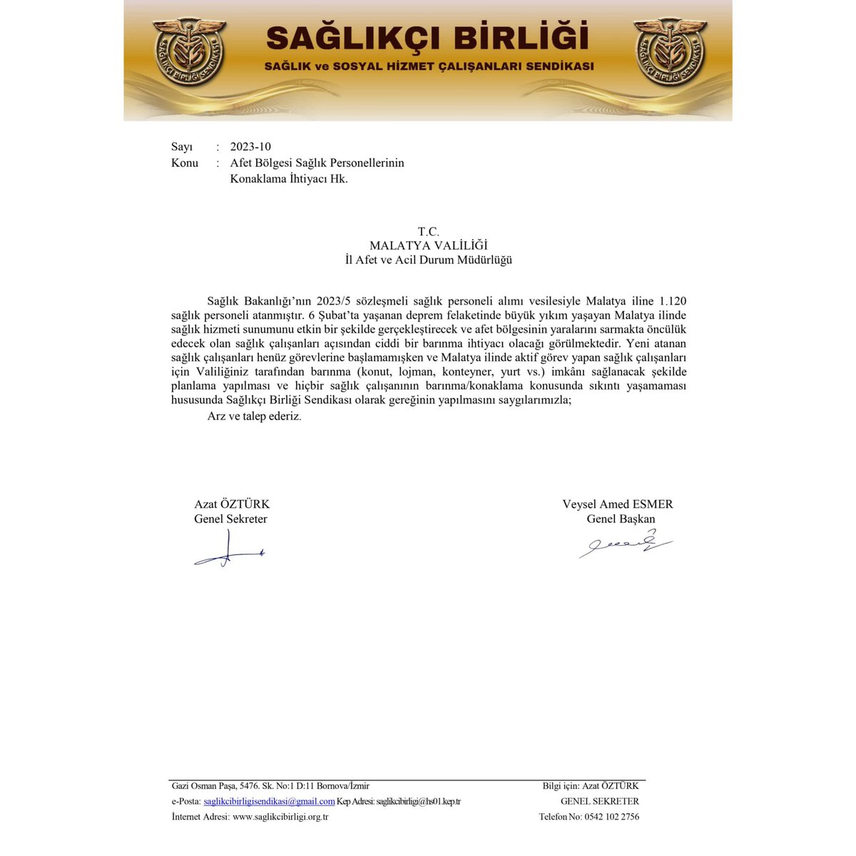 ahmetesmer2121's tweet photo. Afet bölgesinde büyük yıkımın yaşandığı; Hatay, Adıyaman, Kahramanmaraş, Malatya illerine atanan sağlıkçılarımız için Valiliklere konaklama/barınma (konut, lojman, konteyner, yurt vs.) ihtiyacının sağlanması için Sağlıkçı Birliği Sendikası olarak talepte bulunduk. Dün sağlıkçılarımızın yanında olduğumuz gibi bugün de zor zamanlarında yanında olacağız... Birlik'te başaracağız!