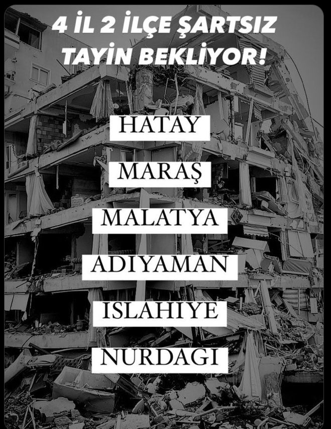 DörtİlİkiİlçeyeŞartsızTayin
4 il ve 2 ilçede büyük yıkıma yok açan “Asrın Felaketi” şartsız tayin hakkı verilmesi için yeterli bir sebep değil midir?
<a href="/avsevgikilic/">Av. Sevgi Kılıç</a>
<a href="/DrCetinArik/">Çetin ARIK</a>
<a href="/enginozkoc/">Engin Özkoç</a>
<a href="/enginaltaychp/">Engin ALTAY</a>
<a href="/muratemirchp/">Murat Emir</a>

#ÖğretmenlikEnkazAltında