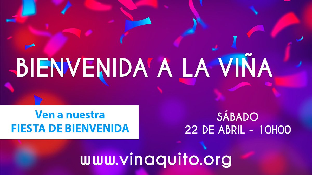VinaQuito's tweet photo. ¿Estás empezando a asistir a La Viña? ¡Ven a la fiesta de bienvenida! Ven y conoce a todos los líderes, aprende acerca de nuestra misión, visión y valores, y descubre todas las actividades y programas que ofrecemos ¡Únete a nosotros para celebrar y ser parte de nuestra comunidad! https://t.co/3XQc4qnE3z