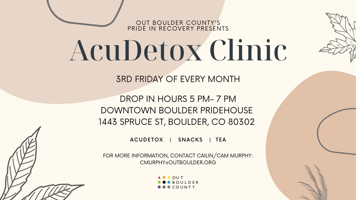Free #AcuDetox will be available at 1443 Spruce St, Boulder this Friday between 5-7pm! AcuDetox is an #acupuncture treatment in the ear to help with nervous system regulation, withdrawal management, and a space where folks can connect in a supportive substance free #LGBTQ+ space.