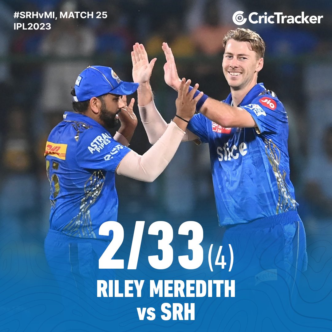 Cricketracker's tweet photo. An impactful spell from Riley Meredith 👏

📸: IPL/BCCI

#CricTracker #RileyMeredith #SRHvMI https://t.co/erbcAQfUuG