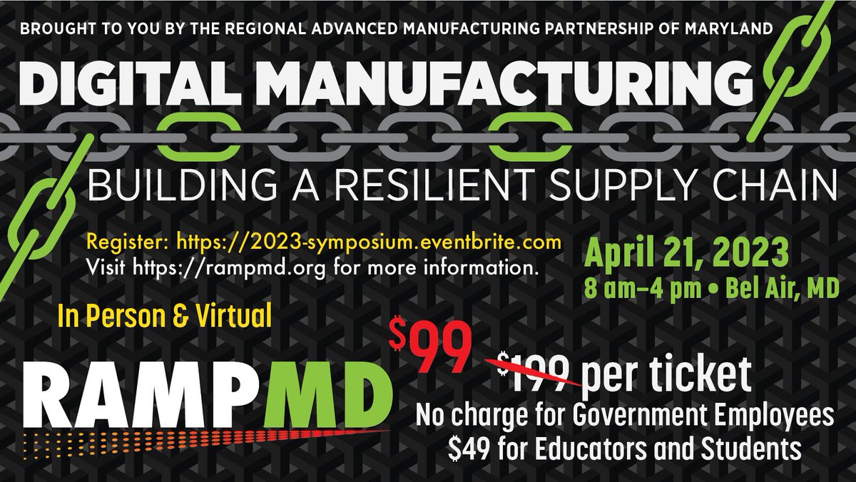 ➡️ Come Thurs., April 20, and tour two advanced manufacturing facilities at Aberdeen Proving Ground:
10 am: U.S. Army DEVCOM Chemical Biological Center Advanced Manufacturing Facility
2 pm: U.S. Army DEVCOM C5ISR Center’s Product Integration Facility
rampmd.org/symposium/ 7/8