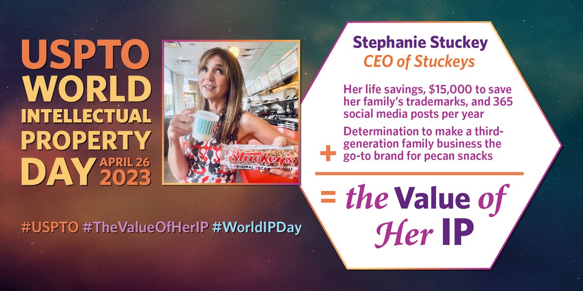 uspto's tweet photo. Stephanie Stuckey, CEO of @StuckeysPecans wants customers to associate her family’s trademark with the product, the history of the company and its comeback, and with the quintessential American road trip. #TheValueOfHerIP https://t.co/2HKdRaruEW