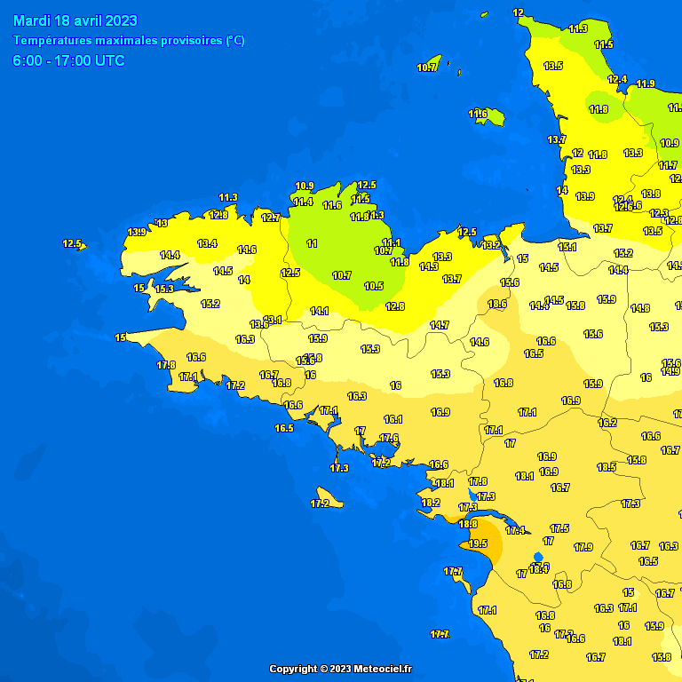 SebDecaux's tweet photo. #Bretagne #températures #maximales
Que de contrastes ce 18 avril 2023 entre le nord et le sud !
Pas plus de 10 à 12°C sur le #Trégor exposé au vent marin de nord-est bien frais MAIS 17°C à #Auray, #Nantes, #Redon, 17.3°C à #Quiberon, 17.8°C à #Plovan et 19.5°C à #Pornic https://t.co/PfvAixsEva