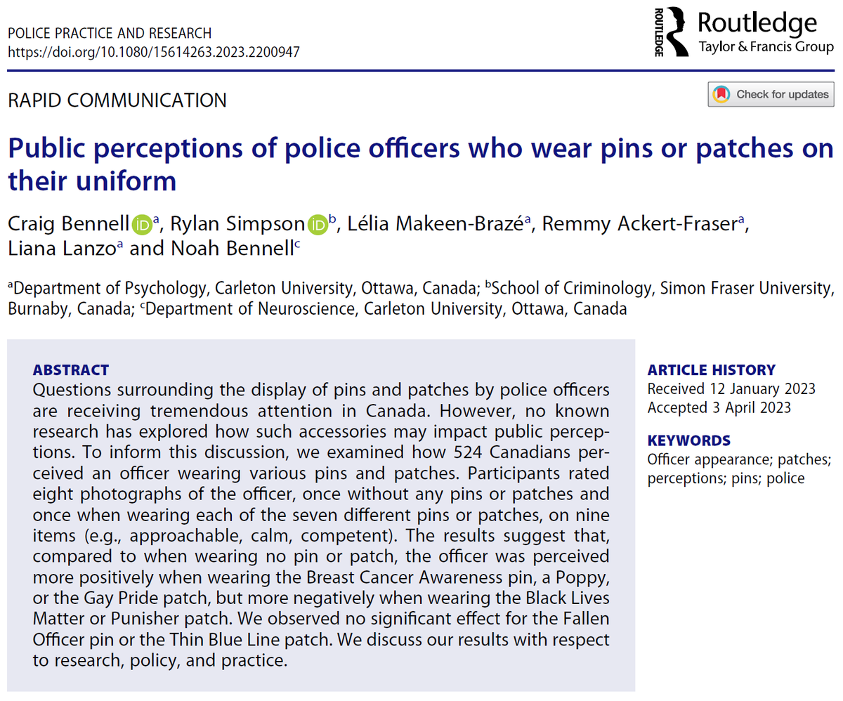 The display of pins/patches by #police #officers has generated much discussion among police/media/public.

Does wearing them impact people’s #perception of ofcrs?

In new research w/ <a href="/BennellCraig/">Craig Bennell</a>, we test this question using data from >500 🇨🇦s: tandfonline.com/eprint/JDFCZKN….

🧵:

1/5
