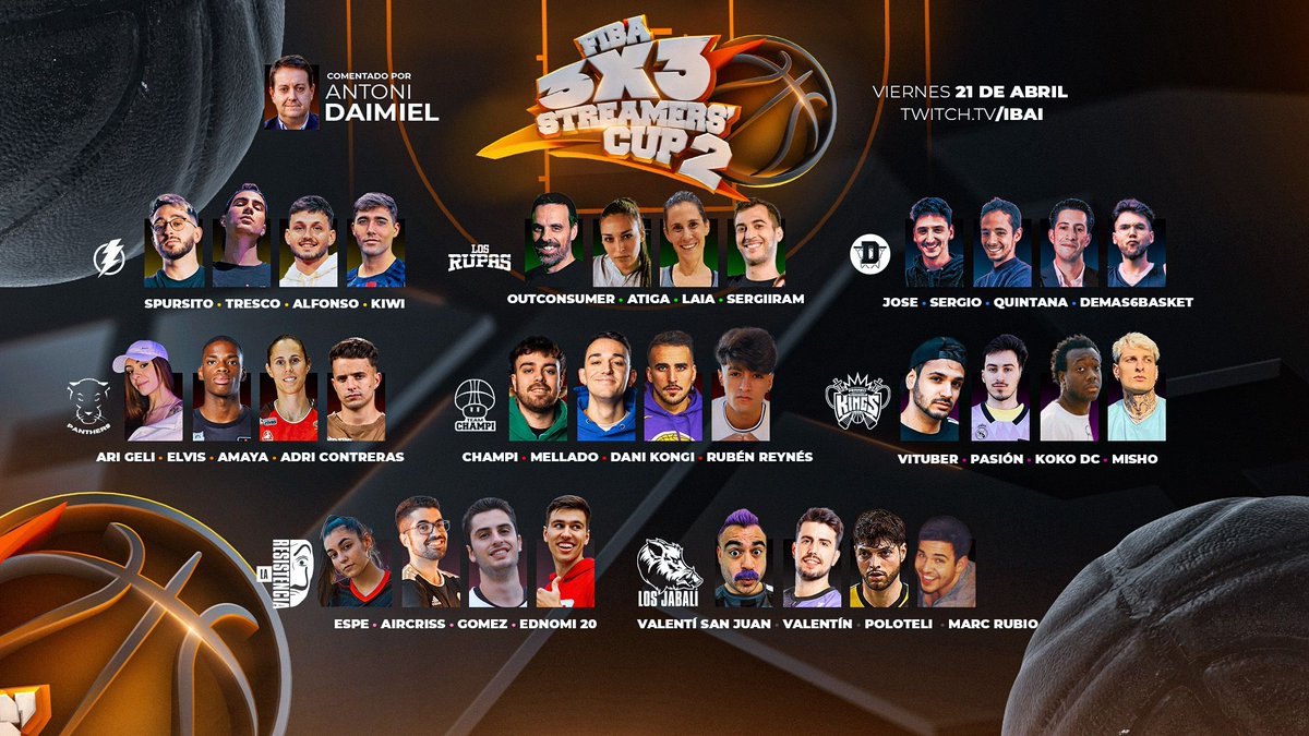 IbaiLlanos's tweet image. ESTE VIERNES 21 SEGUNDA EDICIÓN DEL TORNEO DE BASKET 3 contra 3.

Estos son los equipos participantes. 

Estaré con Antoni Daimiel comentando este espéctaculo.