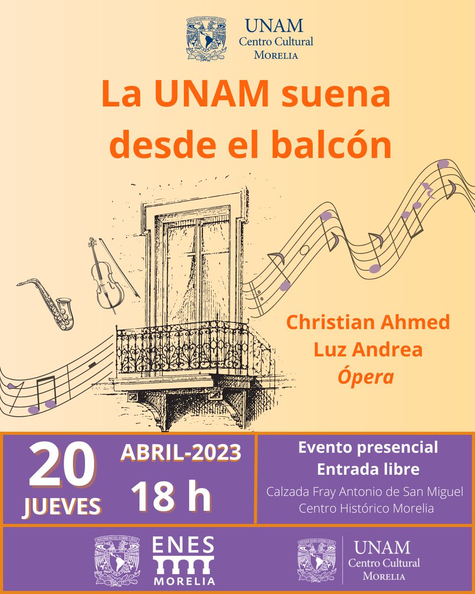 UNAMCultMorelia's tweet photo. 💥 ¡Acompáñanos al estreno de “𝗟𝗮 𝗨𝗡𝗔𝗠 𝘀𝘂𝗲𝗻𝗮 𝗱𝗲𝘀𝗱𝗲 𝗲𝗹 𝗯𝗮𝗹𝗰ó𝗻”! 🥳🎶🥰🎙️🪟. Disfruta de un maravilloso concierto desde nuestro balcón con música de ópera en italiano, francés e inglés 🔥🔥🔥

#SomosENESMorelia #UNAMCentroCulturalMorelia https://t.co/oYRrJ0IJa5