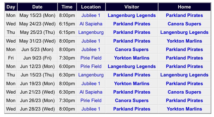 PkldPirates's tweet photo. With ❄️ in the forecast seems like great time to announce our 2023 SESBL Schedule:

Home and Season Opener set for Mon. May 15th at Jubilee Park in Yorkton 

#SESBL https://t.co/wZmLcTHz21