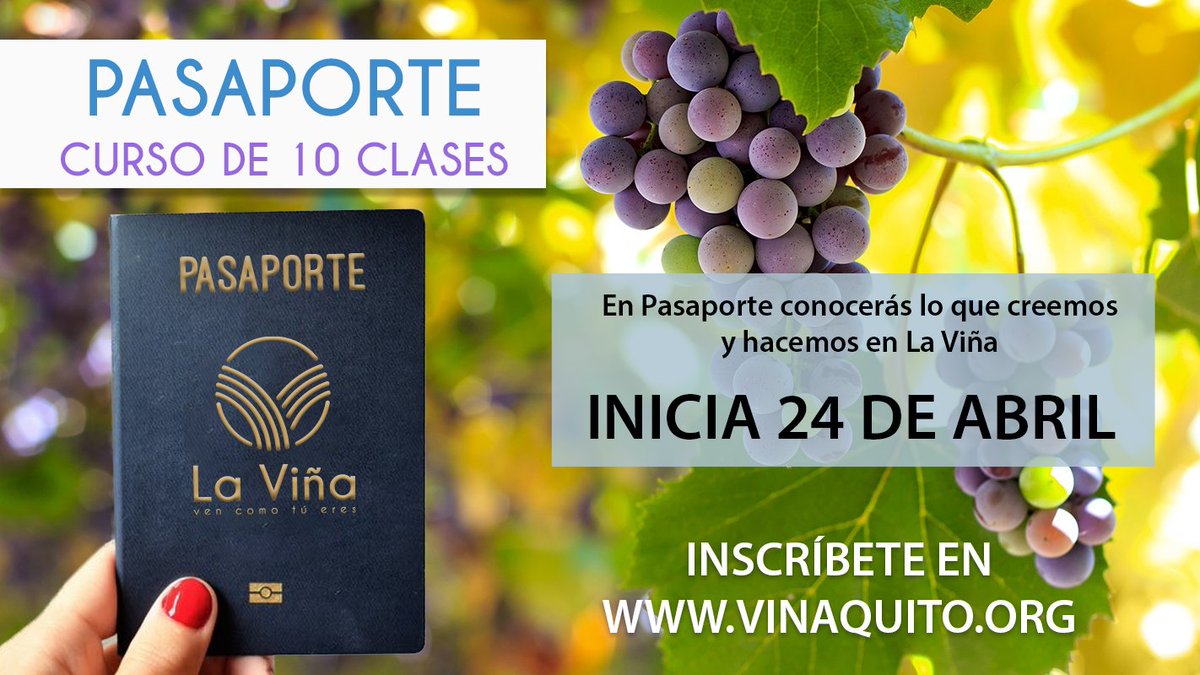 VinaQuito's tweet photo. Pasaporte, es el primer paso del proceso de discipulado de La Viña, consta de 10 temas en los que aprenderás de una forma práctica los principios de la fe cristiana y la manera como en La Viña caminamos hacia ser más como Jesus. ¡Tú eliges el horario que más te convenga! https://t.co/qVnwiU2E7B