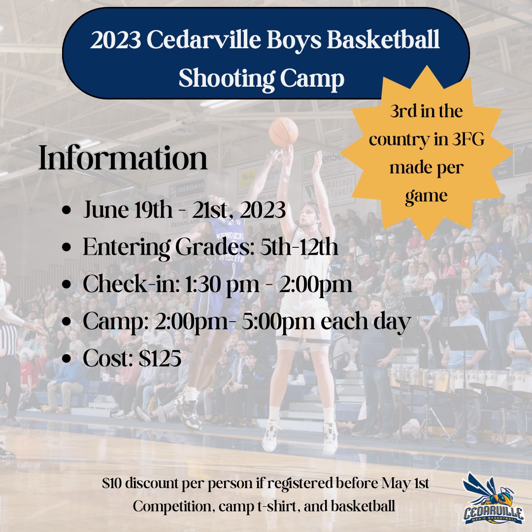 Sign up for Cedarville's Shooting Camp. Come learn from players and coaches that contributed to making more than 11 3's per game. Most in the GMAC and 3rd in the country.🔥🔥
…asketball.cedarvilleathleticcamps.com