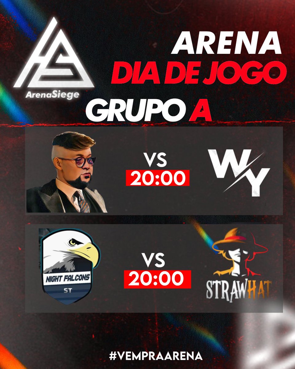 HOJE INICIA A #ARENASIEGE .
TEREMOS JOGOS VALIDO PELO GRUPO A 

F.C.O ⚔️ @warriorsofyakan.ofc 
NIGHT FALCONS ⚔️ @straw.hatr6 

#VEMPRAARENA #ARENASIEGE