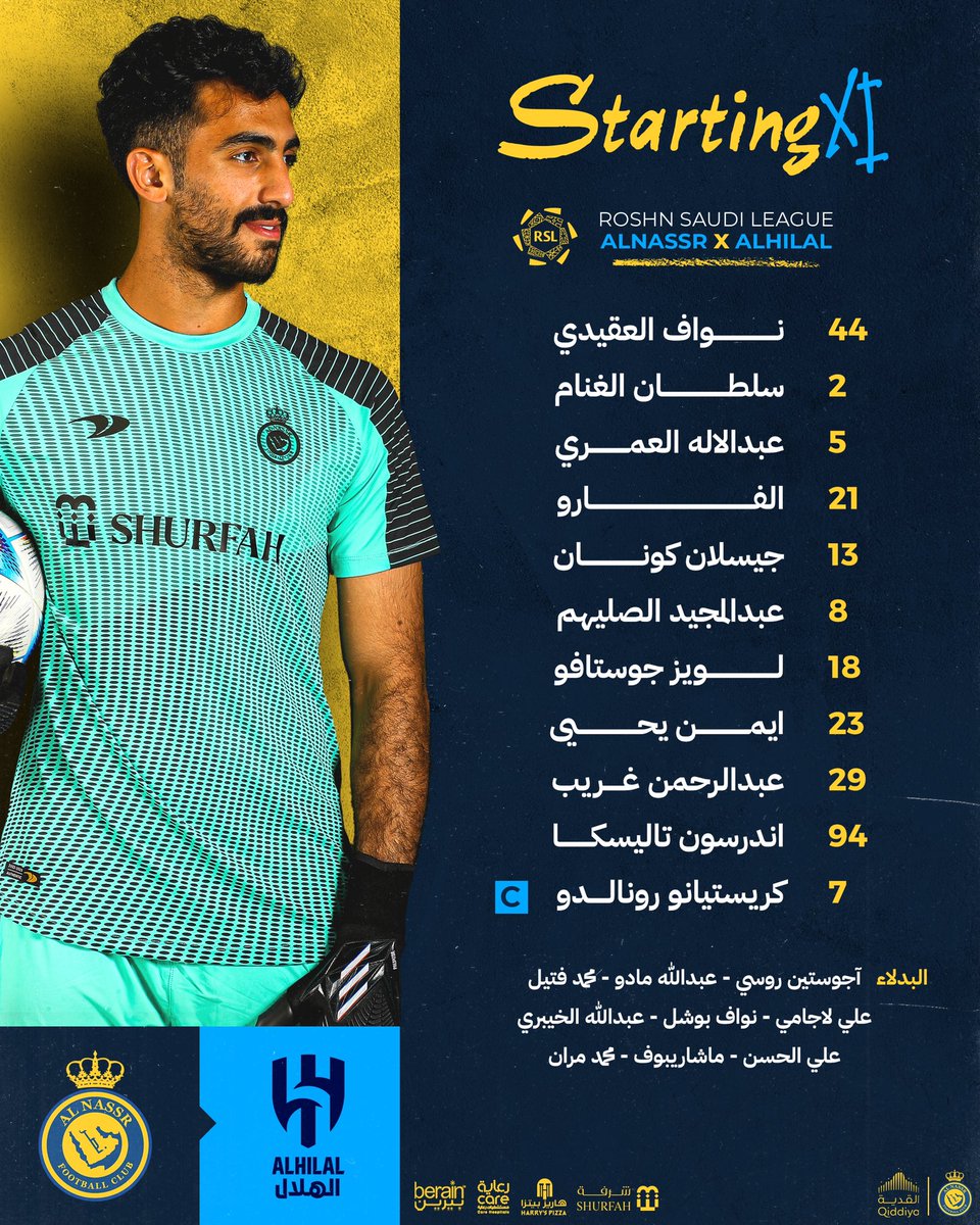 AlNassrFC's tweet photo. قائمة الفريق الرسمية في مباراة #النصر_الهلال اليوم 💛

بالتوفيق لنجومنا 🙏 https://t.co/THw9ablmsG