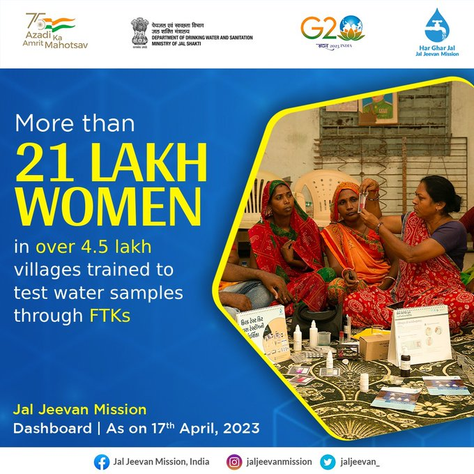 Women empowerment in @jaljeevan_ 🧕 💪

- Water Samples Testing for #WaterQuality (WQ) thro #FieldTestingKits (FTKs),

- 50% Women representaion in Village Water Governance- #VWSC #PaniSamithi ,

- Skilled & trained women power for O&M of water supply.
@mahajan_vini 
@gssjodhpur