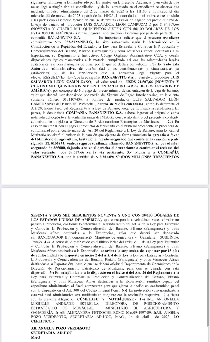 andrealeonj's tweet photo. @AgriculturaEc resuelve la denuncia de productor bananero Luis León C representado legalmente por @EstudioLexus @lePetrocheAb en contra de exportadora #Bananevito de @VitoMunozU1 por EVASIÓN DE PAGO. Comparto ACTA DE AUDIENCIA ÚNICA. https://t.co/KGI2dn7P23