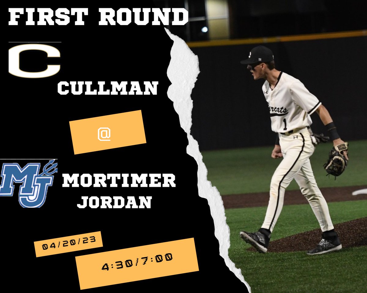 CullmanBaseball's tweet photo. Cats first round matchup at Mortimer Jordan has been moved to Thursday. Games are at 4:30 and 7:00. 

Game 3 will be Friday at 1:00 if necessary. https://t.co/O0KOy9zzIE